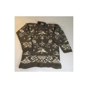 Nomadic Traders Christmas Deer Snow Trees Sweater 100% Wool Olive White Women L